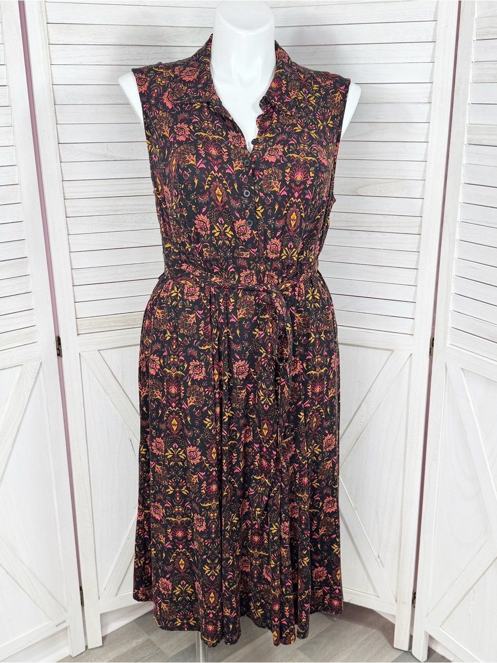 Torrid Floral Boho Belted Midi Sleeveless Shirt Dress Black Pink Size 1X